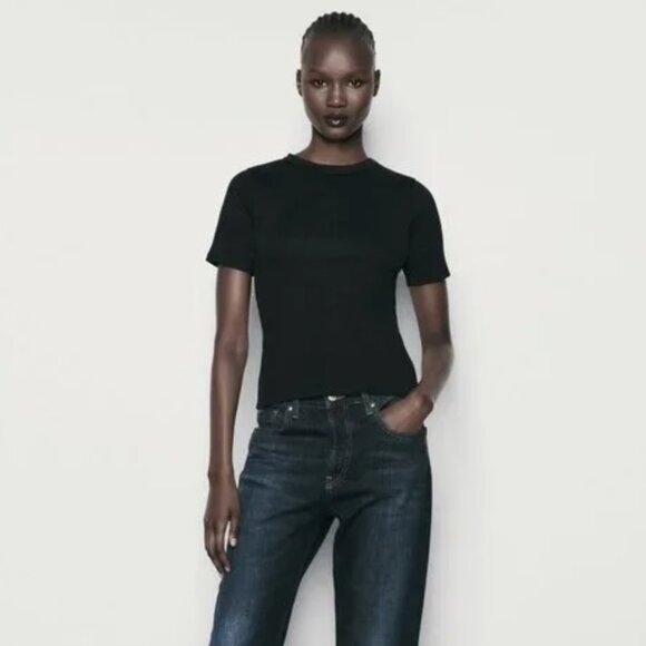 NWT ZARA LIGHT RIB T-SHIRT BLACK - Picture 2 of 5